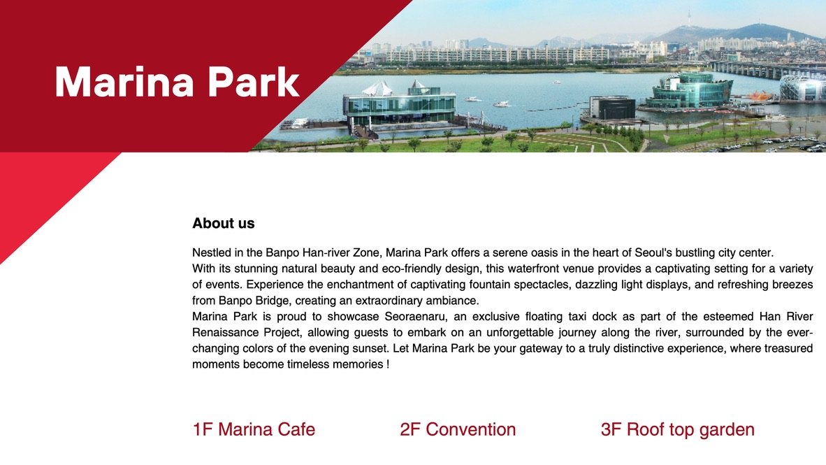 Marina Park — About us: 1F Marina Cafe, 2F Convention, 3F Rooftop Garden